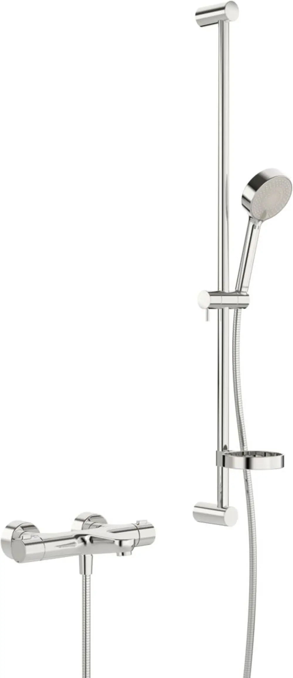 Bade- und Brausearmatur mit Wandstangengarnitur in Chrom, bestehend aus einem thermostatischen Mischventil und einer Handbrause, hergestellt von HANSA.